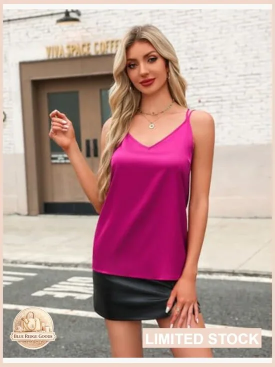 Satin Camisole Top V Neck Spaghetti Strap Cross Back Summer Blouse Chic - Picture 5 of 7